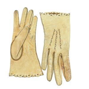 Vintage Yellow Tan Deluxe Soft Deerskin Gloves Sz 6.5 Stitch Details GUC